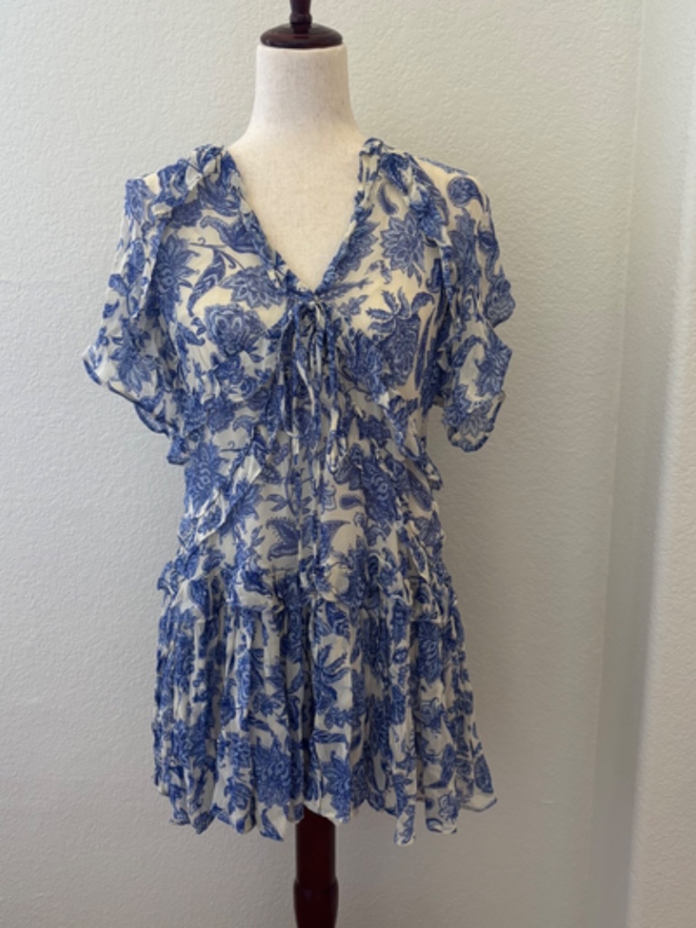 Anthropologie Maeve blue white floral ruffle mini dress Size XS - Picture 2 of 12